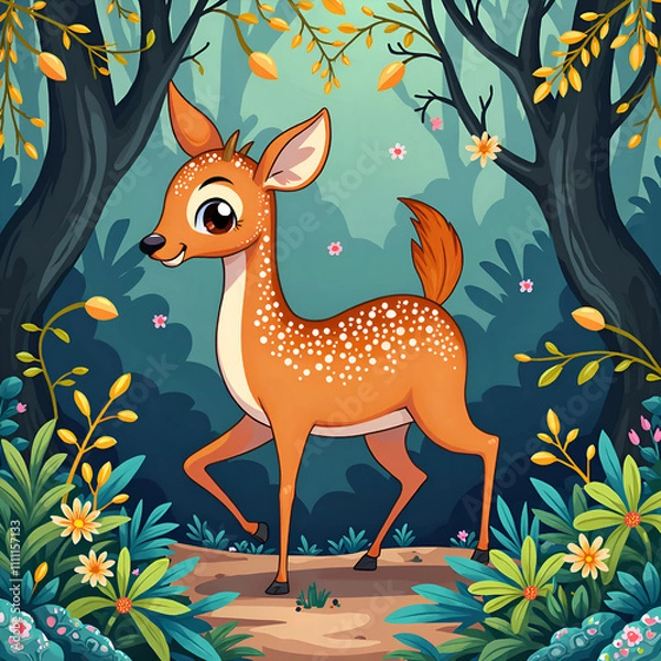 Obraz Charming young deer frolicking in a vibrant, enchanted woodland setting, digital illustration of character design concept.