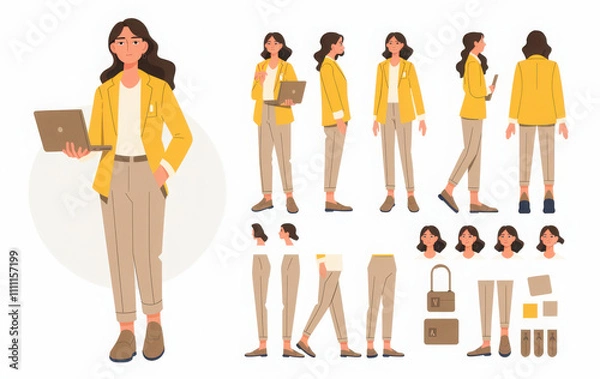 Obraz Business woman character constructor for animation. Front, side and back view set. Body parts, postures, poses collection. Vector illustration.