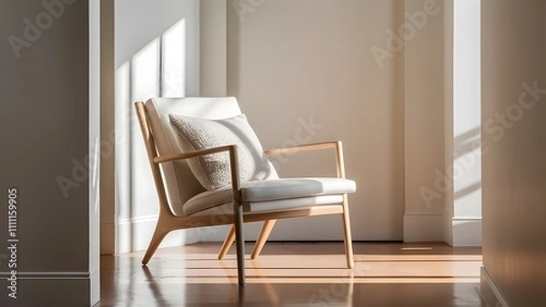 Fototapeta Cozy and stylish armchair with soft fabric in a minimalist home office with functional workspace and decor.