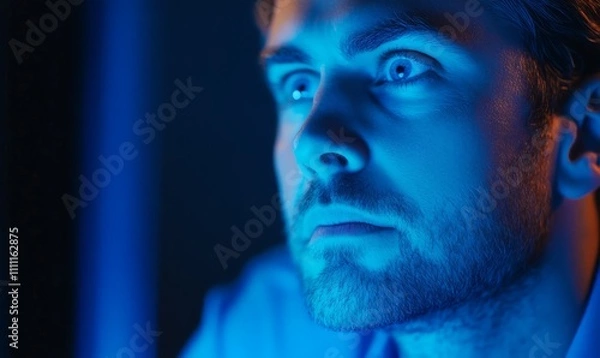 Fototapeta A man focusing intently on a computer screen, illuminated by blue light