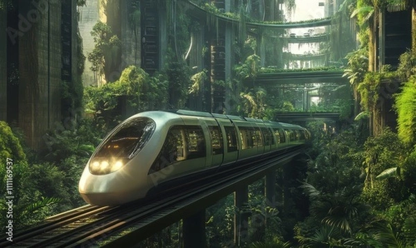 Fototapeta A sleek, futuristic train glides smoothly along an elevated track surrounded by lush greenery and modern architecture, showcasing a harmonious blend of technology and nature.