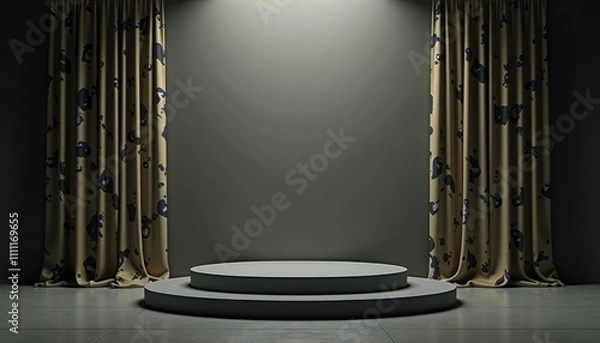 Fototapeta Empty podium with two levels against dark gray walls with patterned curtains. Minimalist design. Modern template for product showcase. Suitable for advertising exhibition presentations. Empty space