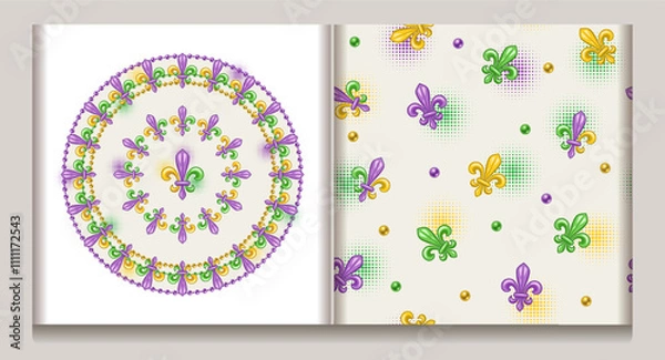 Fototapeta Seamless Mardi Gras pattern, circular composition with fleur de lis symbol, beads, halftone shapes. White background. Vintage style