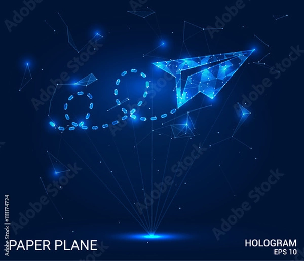 Fototapeta A polygonal paper airplane gliding through its route, designed with triangles, dots, and a network of lines. This low-poly structure illustrates a modern technological aesthetic in vector format.