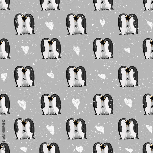 Obraz Christmas seamless pattern with winter watercolor cute family penguin with snowdrops and heart doodles