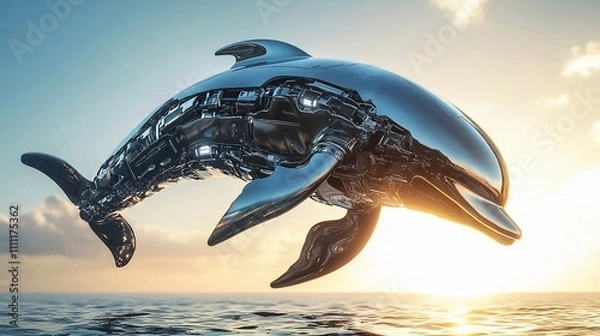 Fototapeta A futuristic, robotic dolphin leaping above the water at sunset, blending nature and technology.