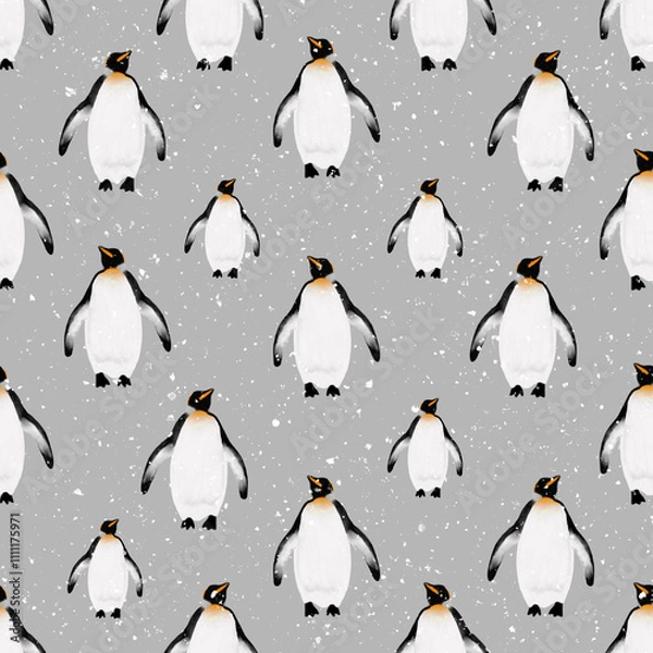 Obraz winter seamless pattern with cute watercolor penguins and snowdrops