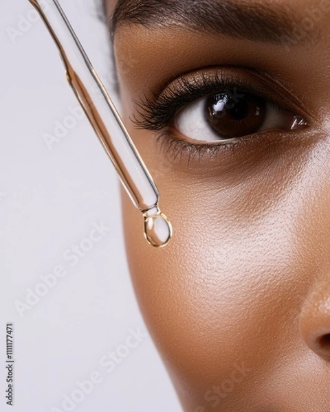 Fototapeta A close-up image highlighting a skincare serum dropper releasing a drop of product near a person's flawless and radiant eye area, showcasing skincare routine.