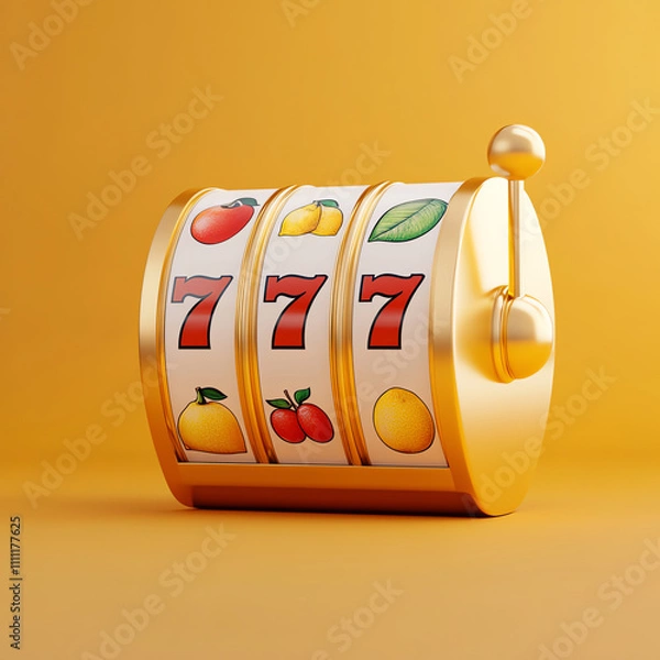 Fototapeta 3D Slot Machine with Winning Combination on Gold Background