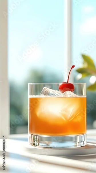 Fototapeta A sun-drenched orange cocktail in a clear glass with a cherry on top, surrounded by ice; a refreshing drink perfect for warm, sunny days and outdoor settings.