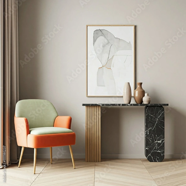 Fototapeta modern and minimalist interior design. A vibrant green and orange armchair stands out against the neutral-colored wall.