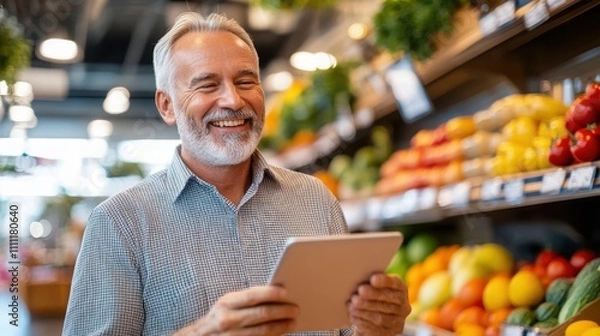 Fototapeta A cheerful senior man is using a tablet in a grocery store's produce section, surrounded by colorful fruits and vegetables under bright lighting, suggesting grocery shopping.