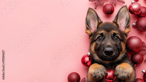 Obraz Cute German Shepherd puppy poses with curious eyes, surrounded by red Christmas ornaments on pink background. For holiday cards, seasonal campaigns, advertisements pets and Christmas celebrations