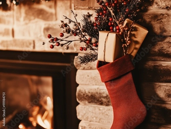 Fototapeta A Christmas stocking filled with presents and festive decorations hanging on a stone fireplace, emphasizing the spirit of giving and holiday warmth.