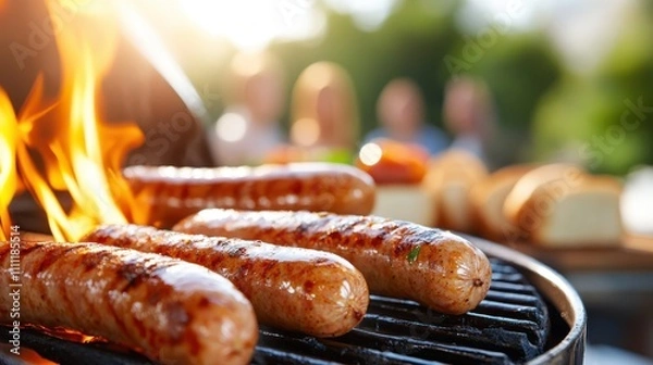 Fototapeta A mouth-watering view of three juicy sausages with a char-grilled pattern on a barbecue grill, with freshly sliced bread in the background and fiery flames enhancing the scene.