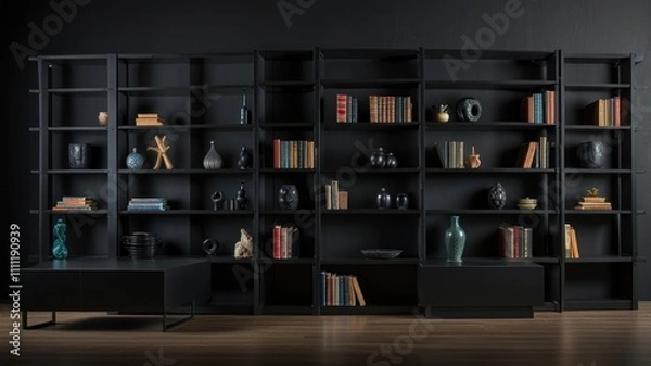 Obraz Modern Black Bookcase with Decor