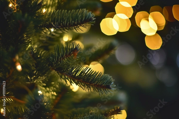 Fototapeta Magical Pine Branches with Holiday Bokeh Lights