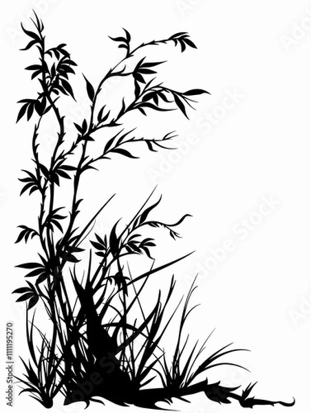 Obraz The image is a black and white drawing of a bamboo forest with a grassy border. The bamboo trees are tall and slender, with their leaves and branches reaching towards the sky