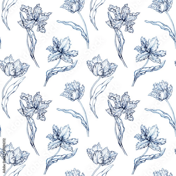 Fototapeta Seamless pattern in Toile de Jouy fabric style with blue tulip flowers. Hand drawn monochrome watercolor painting illustration isolated on white background