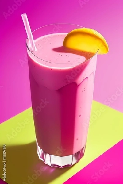 Fototapeta Pink smoothie with lemon on vibrant gradient