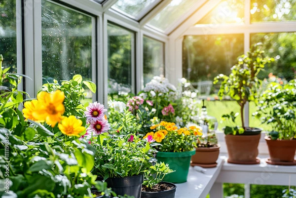 Fototapeta a greenhouse bursting with vibrant blooms, framed by the soft glow of sunlight streaming in
