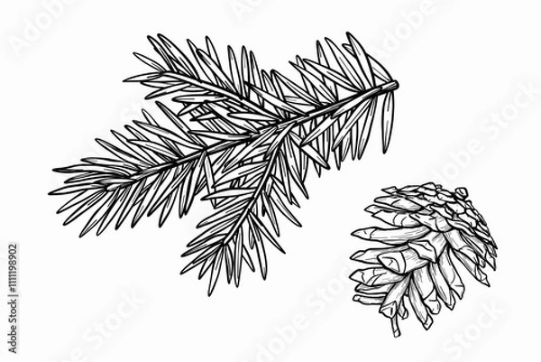Obraz Vector Spruce branch and Fir cone illustration. Christmas fir branch drawing in line art style. Pine cone sketch painted by black inks. Outline tree element for decoration new year, greeting card