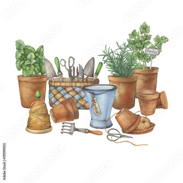 Fototapeta Ceramic pots with culinary herbs- rosemary, parsley and basil. Vintage garden scissor, pruning shear, trowel, rake in basket, old blue enamel water pitcher. Hand drawn watercolor painting illustration