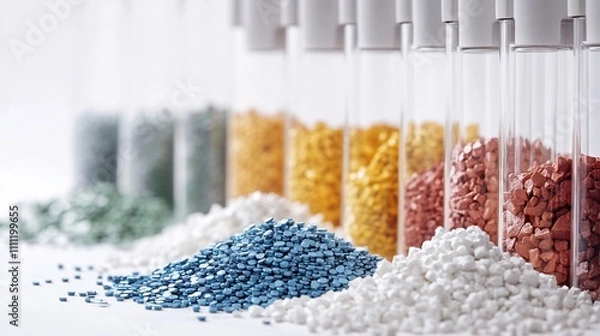 Fototapeta Colorful granules in test tubes, showcasing materials for manufacturing or research.