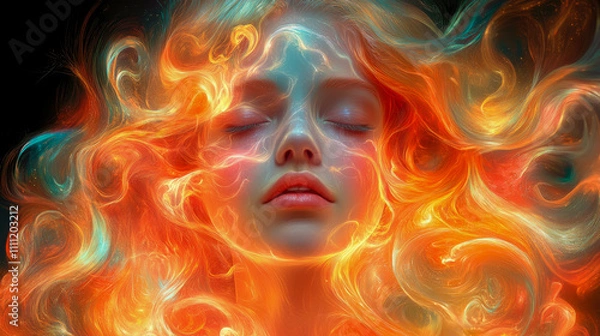 Obraz A young woman with flowing, luminous hair is enveloped in swirling orange and blue light, evoking a deep sense of tranquility and wonder