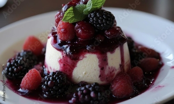 Fototapeta Creamy cheesecake topped with mixed berries and a sweet berry sauce