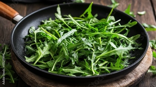 Fototapeta Fresh but slightly wilted arugula leaves arranged as a side for a steak dish.

