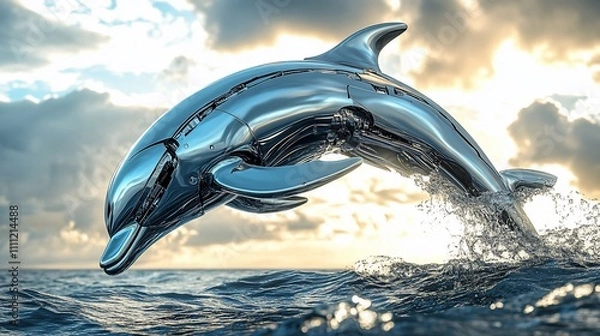 Fototapeta A futuristic, metallic dolphin leaps out of the ocean against a cloudy sky.