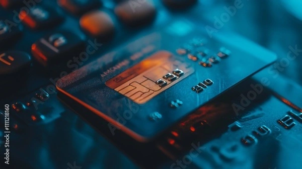 Fototapeta A close-up of a credit card resting on a calculator, highlighting financial transactions.