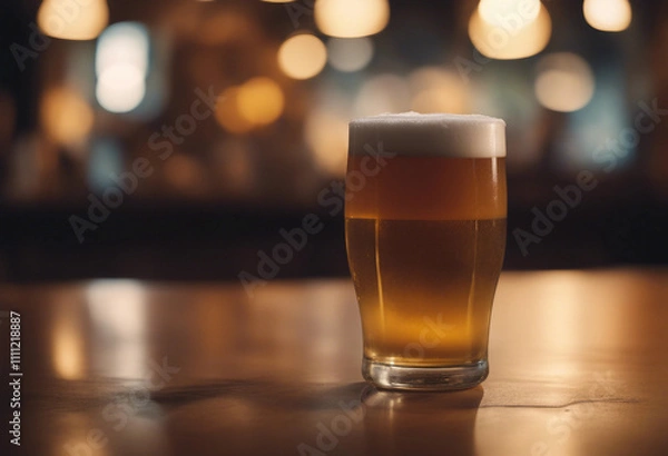 Fototapeta Frosty beer glass with rich foam on a bar table with warm ambient lighting in the background