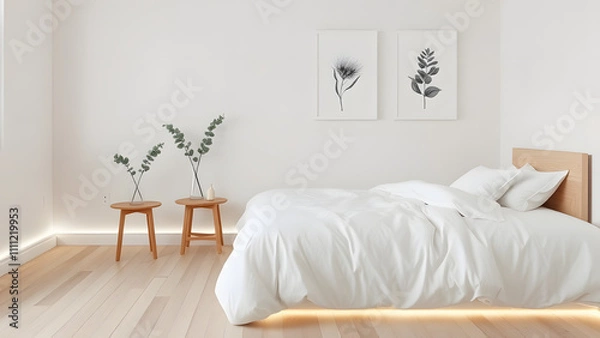 Fototapeta A Scandinavian-inspired bedroom with light wood floors, a white bed with simple