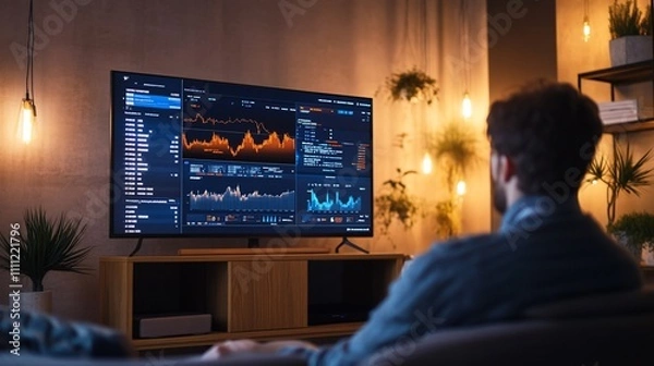 Fototapeta A person analyzes data on a large screen in a modern living room.