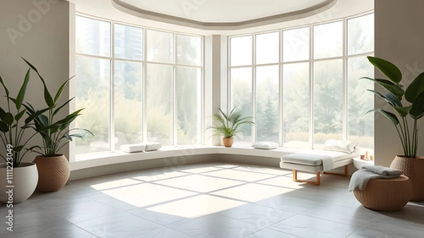 Fototapeta Bright wellness spa room with large windows, smooth stone floors, and calming greenery accent