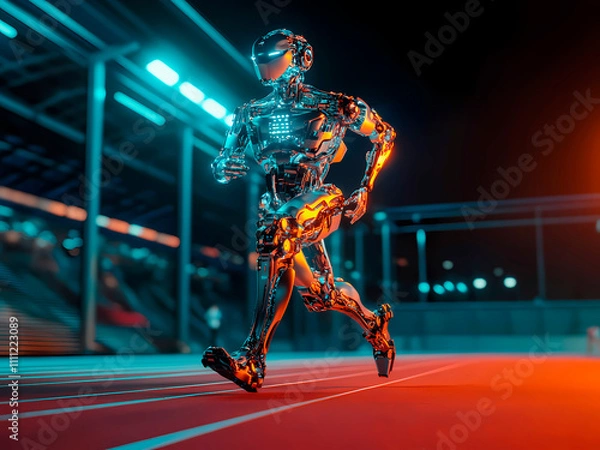 Fototapeta AI-Generated image of A robot is running on a track with a bright blue background. The robot is wearing a helmet and has a metallic appearance. The scene is set in a futuristic environment with neon l