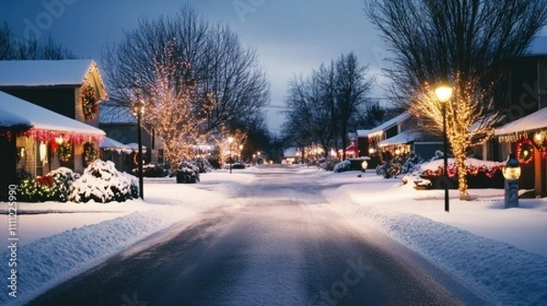 Fototapeta Snow-covered residential street with festive homes adorned with colorful Christmas lights, wreaths, glowing lanterns, and snow gently falling on rooftops and blanketing the road.