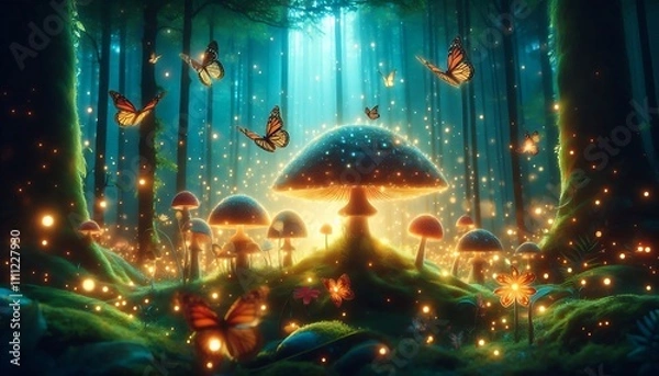 Fototapeta glowing forest with enchanted mushrooms and butterflies fluttering around, bringing sense of magic and joy