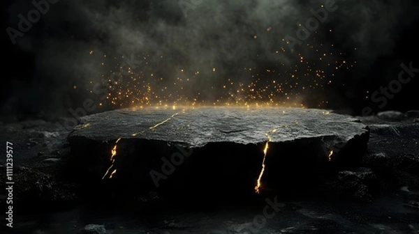 Fototapeta Mysterious glowing stone base surrounded by swirling mist and subtle sparks in an otherworldly setting at night