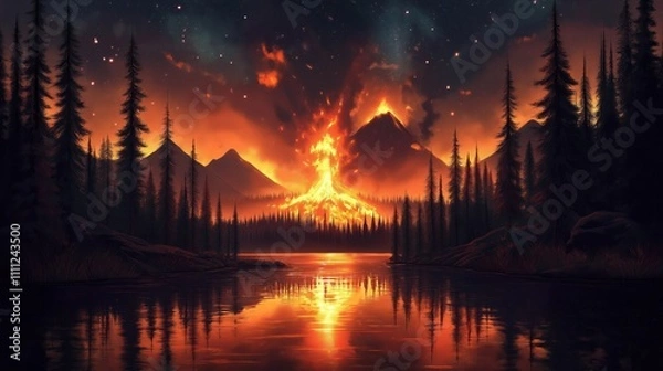 Fototapeta Volcanic eruption in forest landscape. Fiery volcano erupts over dark silhouettes of trees on mountains reflecting over lake surface. Fire burns forest. Dramatic natural event. Burning nature.
