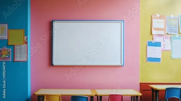 Fototapeta An empty whiteboard mounted on a wall, surrounded by colorful classroom decorations

