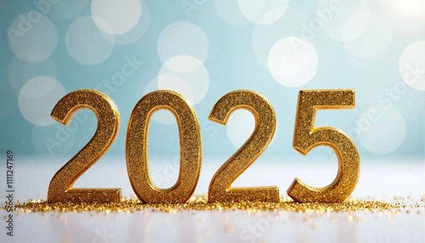 Fototapeta Golden number 2025 for new years eve surrounded by colorful sprinkles on blue background
