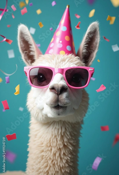 Fototapeta Funny llama wearing party hat and sunglasses surrounded by colorful confetti, celebrating with playful and humorous expressions on a vibrant blue background