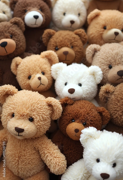 Obraz Soft bears toys background in brown, white, beige and gray shades.Teddy bears texture .Symbol of childhood and comfort.White, beige, brown bears set.Childrens soft toys