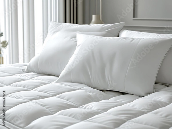 Fototapeta Concept of sleep hygiene, cosy bed with soft pillows and comfortable sheets, set in a peaceful bedroom environment, quiet atmosphere, healthy bedtime routine and restful night sleep