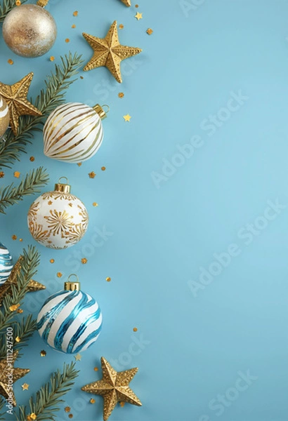 Fototapeta Christmas holiday composition. Christmas tree fir branches, colorful balls on border on blue background with copy space for your text. Banner mockup, postcard. Flat lay, top view, overhead.