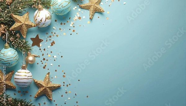 Fototapeta Christmas holiday composition. Christmas tree fir branches, colorful balls on border on blue background with copy space for your text. Banner mockup, postcard. Flat lay, top view, overhead.