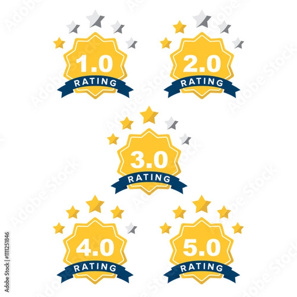 Fototapeta Feedback or rating. Set of rating stars badges with ribbon in a flat design. Customer product rating review. Set of a rating stamp, badge. Rank, level of satisfaction. Vector illustration